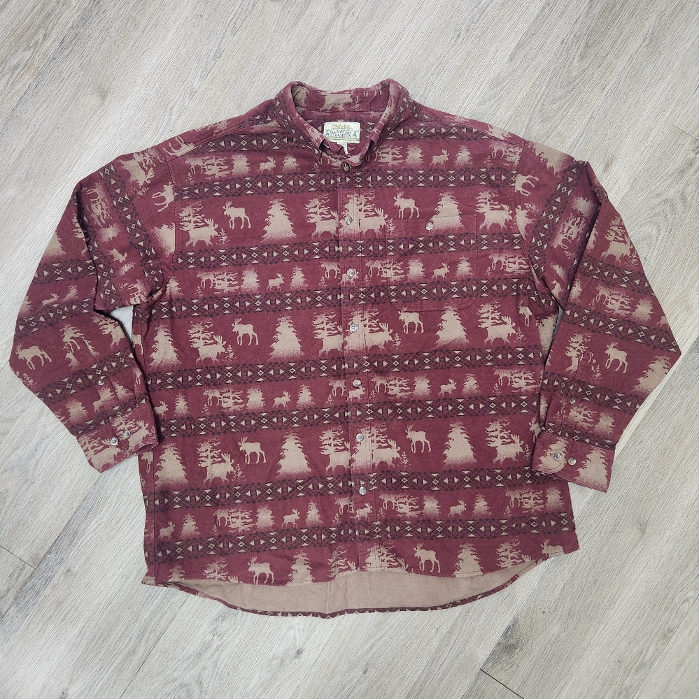 Vintage Cabela's Deerskin Soft Chamois Elk Scene Pocket Hunting Flannel Men 2XL